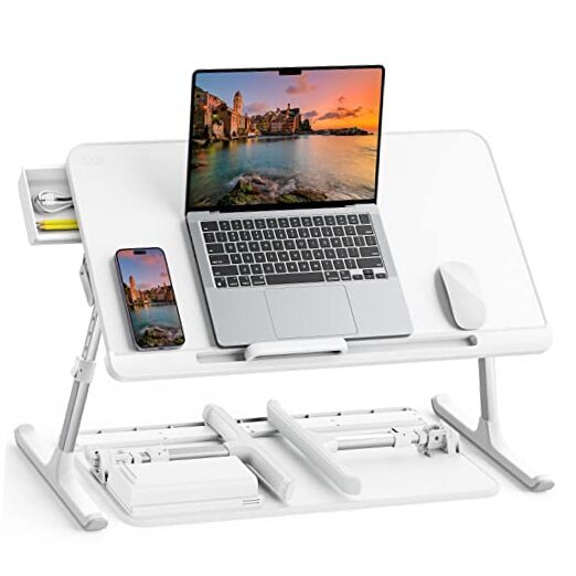 Laptop Bed Tray Table, Adjustable PVC Leather Laptop Bed Table, Portable White