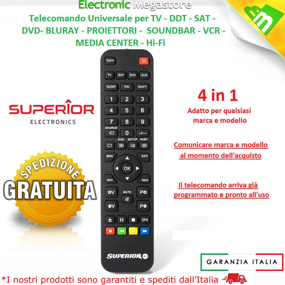 TELECOMANDO UNIVERSALE PROGRAMMABILE SUPERIOR 4:1 COMPATIBILE TV TELEVISORE - Immagine 2 di 2