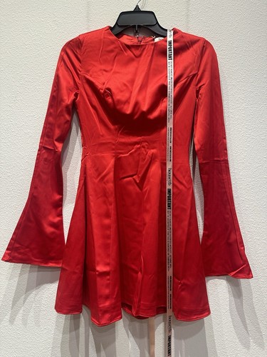 NWT HOUSE OF CB Sacha Bell Sleeve Satin Skater Dress XS Long Sleeve Red Mini
