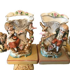 VTG VICTORIAN BOY & GIRL PORC SET OF VASES FLOWERS & BIRDS tree stamped #