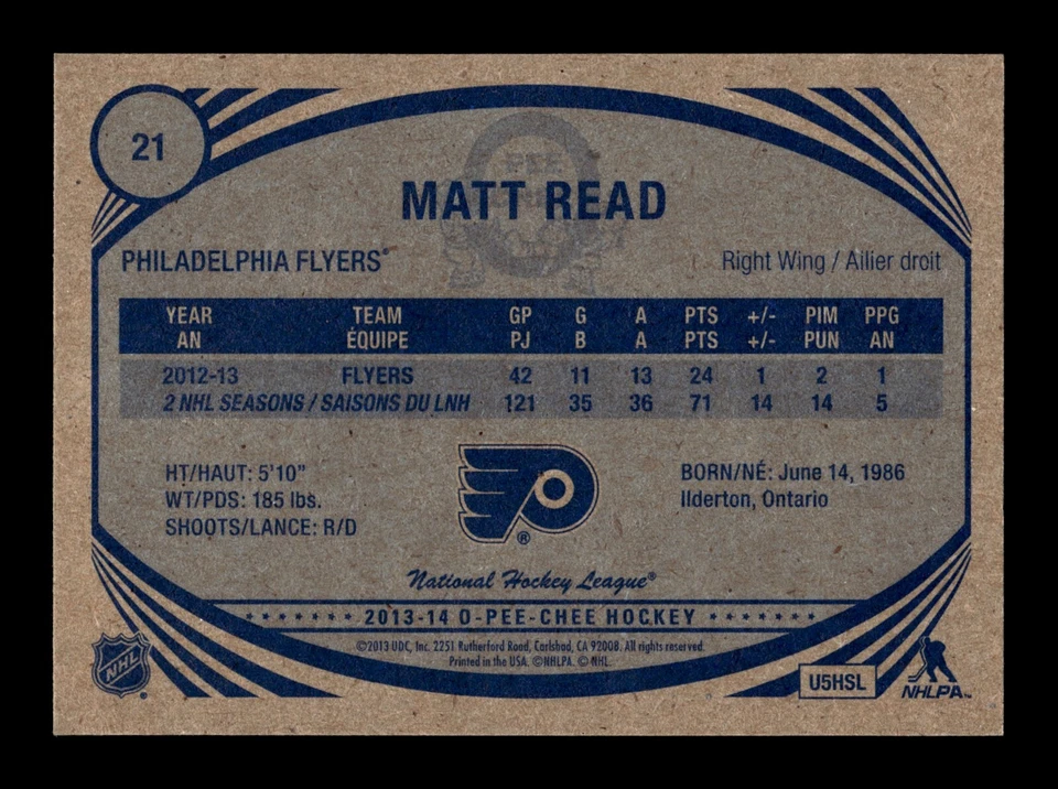 PWE READ stock photo . 2013-14 opc o-pee-chee retro #21 matt read - Image 2 of 2