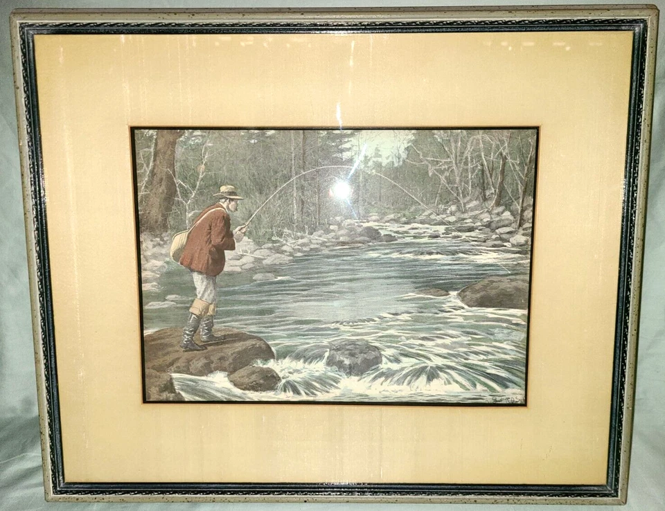 Arthur A.B. Frost framed colored litho, "Upstream" fly fishing scene