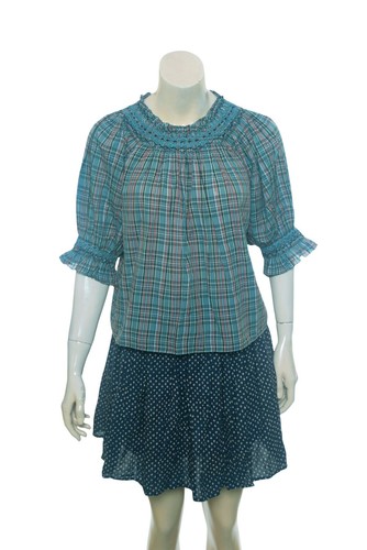 Doen Artemisia Top In Pond Promenade Plaid S 6 Women's Casual Blouse NEW 35279 - Picture 2 of 7