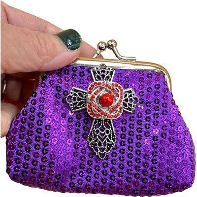 Purple Sequin Coin Purse Silver Cross Red Crystals & Pearl 18mm Ginger Snap