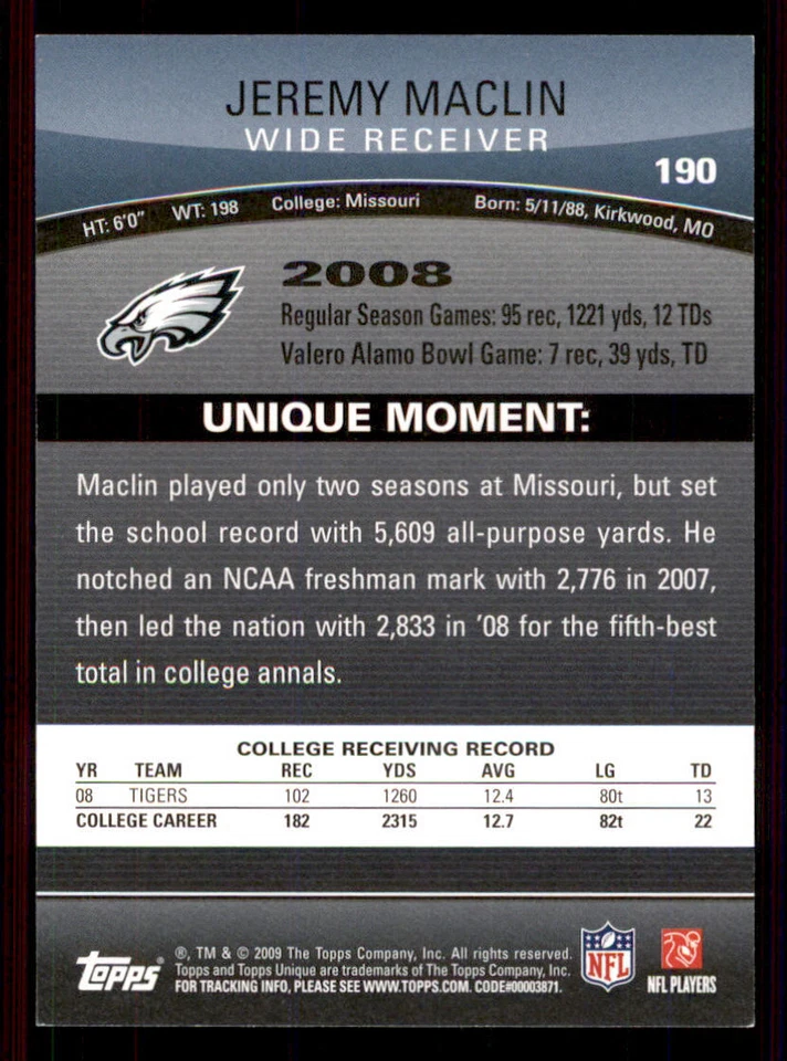 2009 Topps Unique Bronze #190 Jeremy Maclin /99 - Image 2 of 2