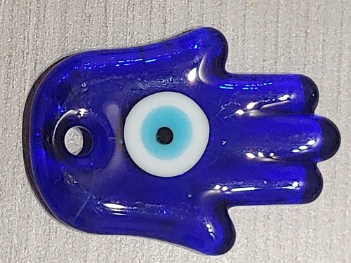 Hamsa Hand / Evil Eye Pendant Handmade Lampwork Glass Large Dark Blue 50mmx36mm - Picture 3 of 6