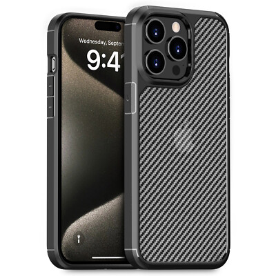 Hybrid Handy Case für iPhone 15 Pro Schutz Hülle Cover Schwarz Carbon Fiber Look