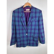 Vintage 80s Liz Claiborne Purple Teal Blue Plaid Size 10 Blazer Jacket Women's