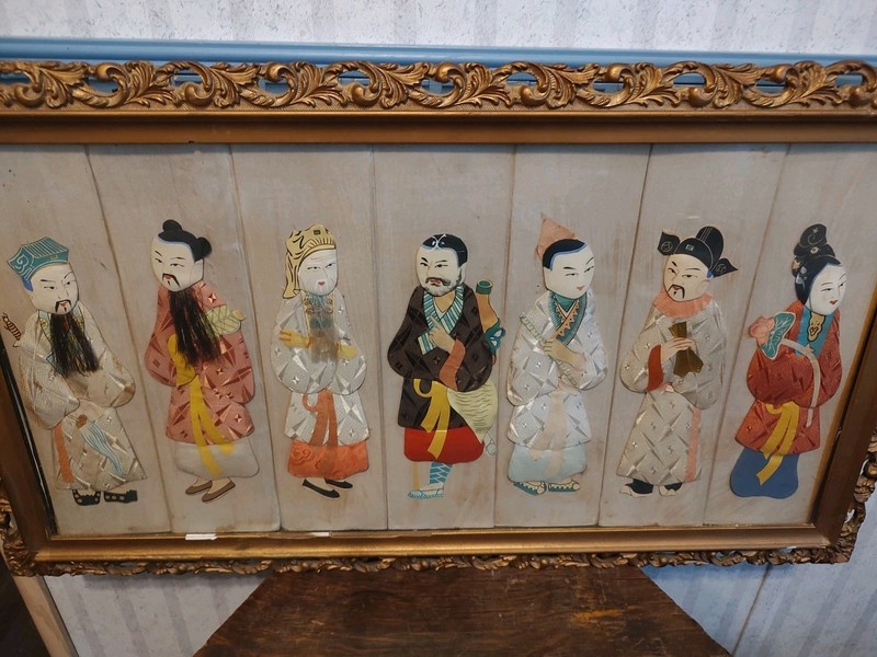 Framed Chinese silk or rice paper artwork depicting the Eight Immortals 1850's