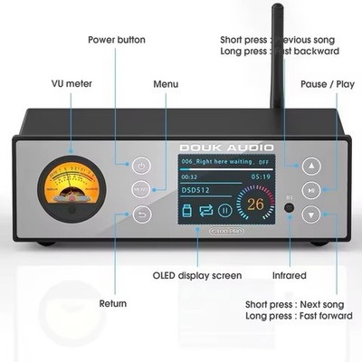 Douk Audio C100 PRO Hi-res ESS9038 Preamp Bluetooth Streamer Player DSD512