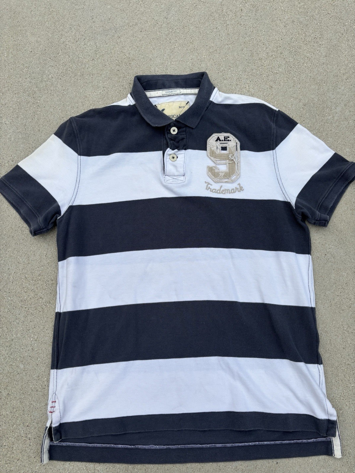 American Eagle Men’s Polo Shirt Large Blue White Stripe Vintage Fit Embroidered