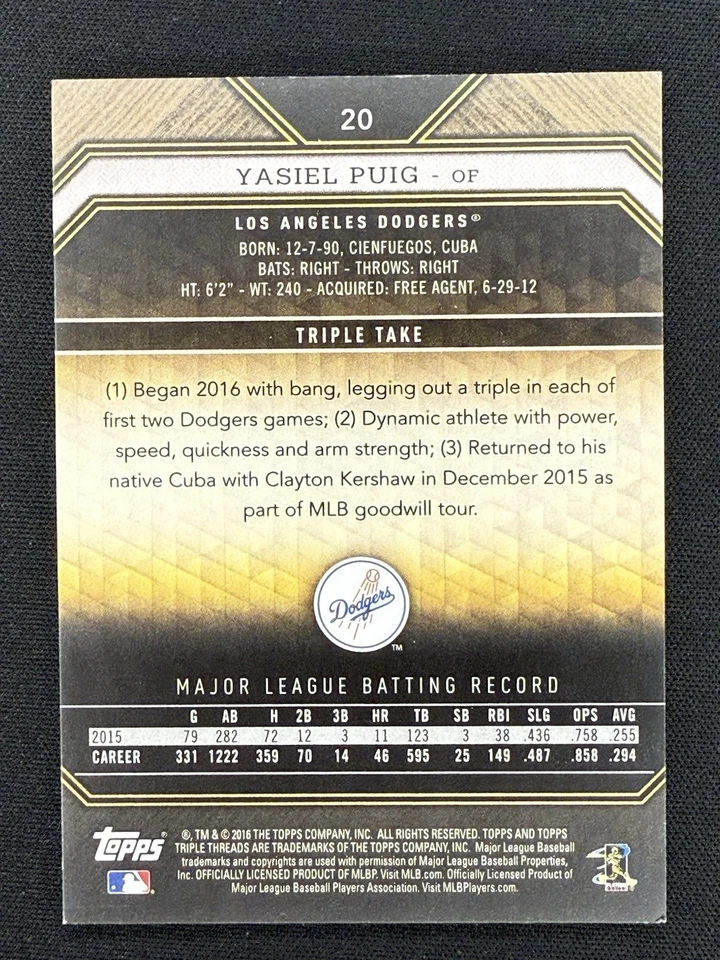 2016 Topps Triple Threads Amber /150 Yasiel Puig #20 Los Angeles Dodgers - Image 2 of 2