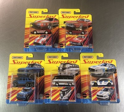 MATCHBOX 2020 SUPERFAST (SET OF 5) VW MICROBUS, DATSUN CHALLENGER CARDS ARE BENT