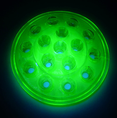 VINTAGE URANIUM GLASS FLOWER FROG 16 HOLE GREEN DEPRESSION GLASS GLOWS NEON