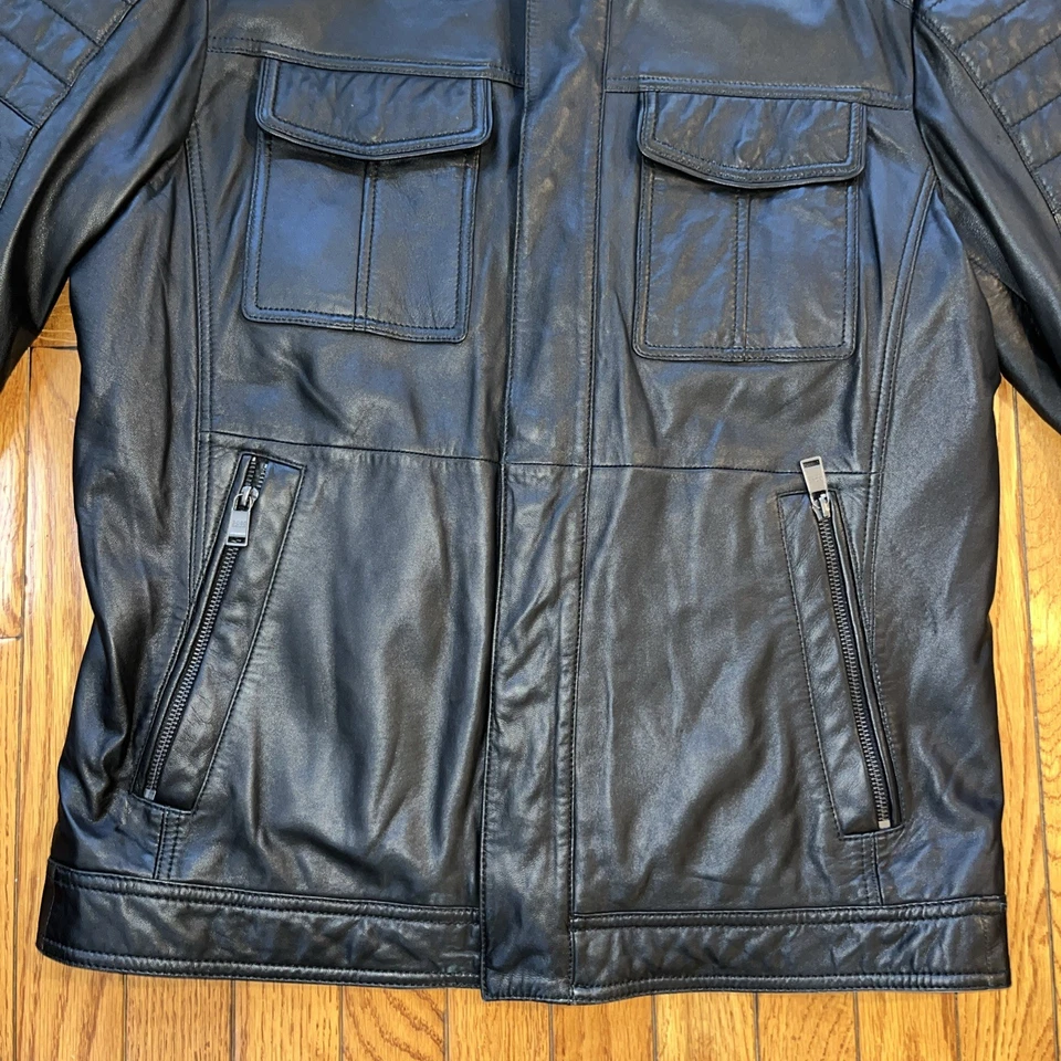 Hugo Boss Leather Jacket Mens Medium 38R Black Motorcycle Moto Quilted Askon - Image 2 of 4