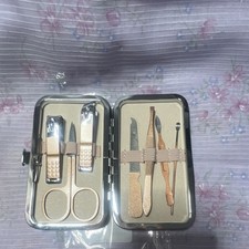 Portable Beige Manicure & Pedicure Kit, Metal Clippers, Scissors, File, Tweezers