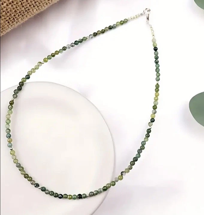 ✅ Moosachat Edelstein Halskette Grün Gold Natürliche Stein Perlen Kette Damen ✅ - Bild 2 von 4