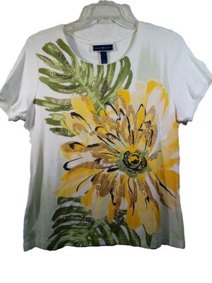 Karen Scott Top Women L White Floral Embellished Glitter Round Neck Short Sleeve