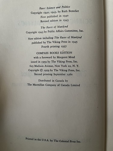 RACE: SCIENCE AND POLITICS anthropology book by Ruth Benedict with Gene Weltfish - Imagen 5 de 6