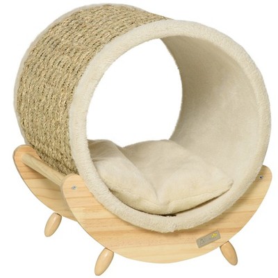 PawHut Raised Kitten Bed Pet Shelter w/ Scratcher Cushion, Beige