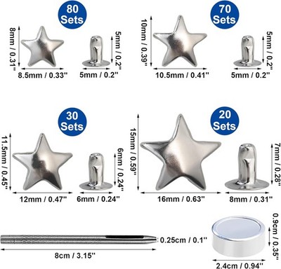 200 Sets Leather Rivets Kit Mixed Sizes Rivets for Leather Star Studs for Clo...