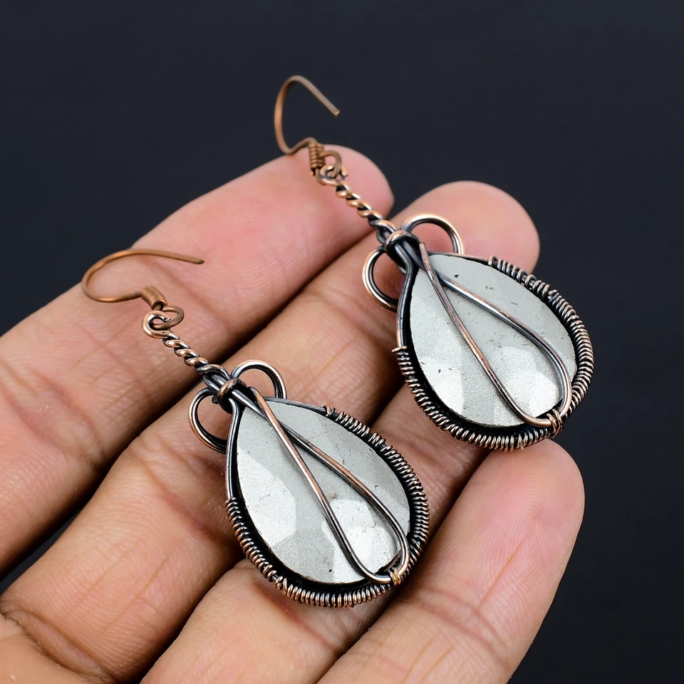 Pendientes de topacio azul piedras preciosas envoltura de alambre de cobre hechos a mano joyería regalo para mujer Foto 4 de 4