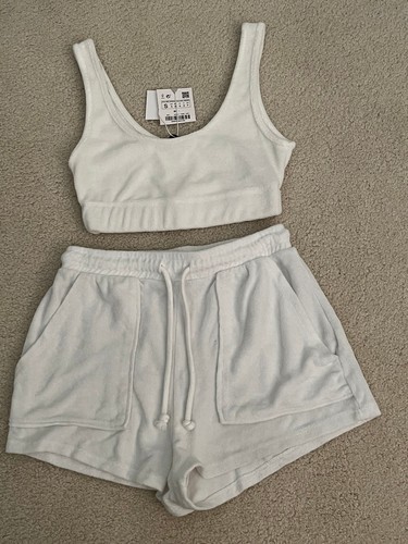 NWT Zara 2 Piece Set Tank Crop Top Drawstring Shorts White French Terry Sz Sm