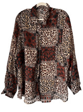 1685 90s Vintage Animal Print Sheer Chiffon Button Up Oversized Blouse