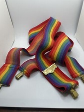 Vintage Rainbow Suspenders 70  s-80  s Mork  Mindy Wide Brass Colored Clips