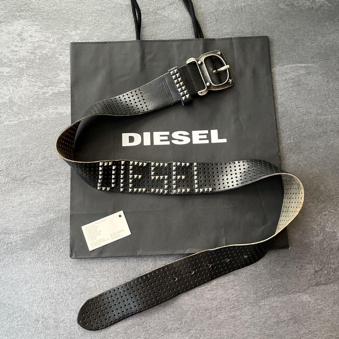 ・DIESEL leather studs belt ディーゼル　レザー　スタッ 美品】DIESEL ディーゼル ベルト レザー ロゴスタッズ 正規品