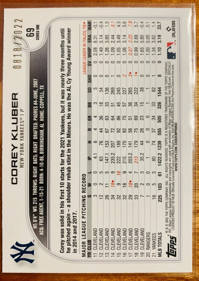 Corey Kluber 2022 TOPPS SERIES 1 GOLD BORDER PARALLEL /2022 NEW YORK YANKEES - Image 2 of 3