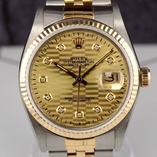 Rolex Datejust 36mm 18k YG 2-Tone Gold Fluted Motif Diamond Dial Watch 16013 - Picture 11 of 12