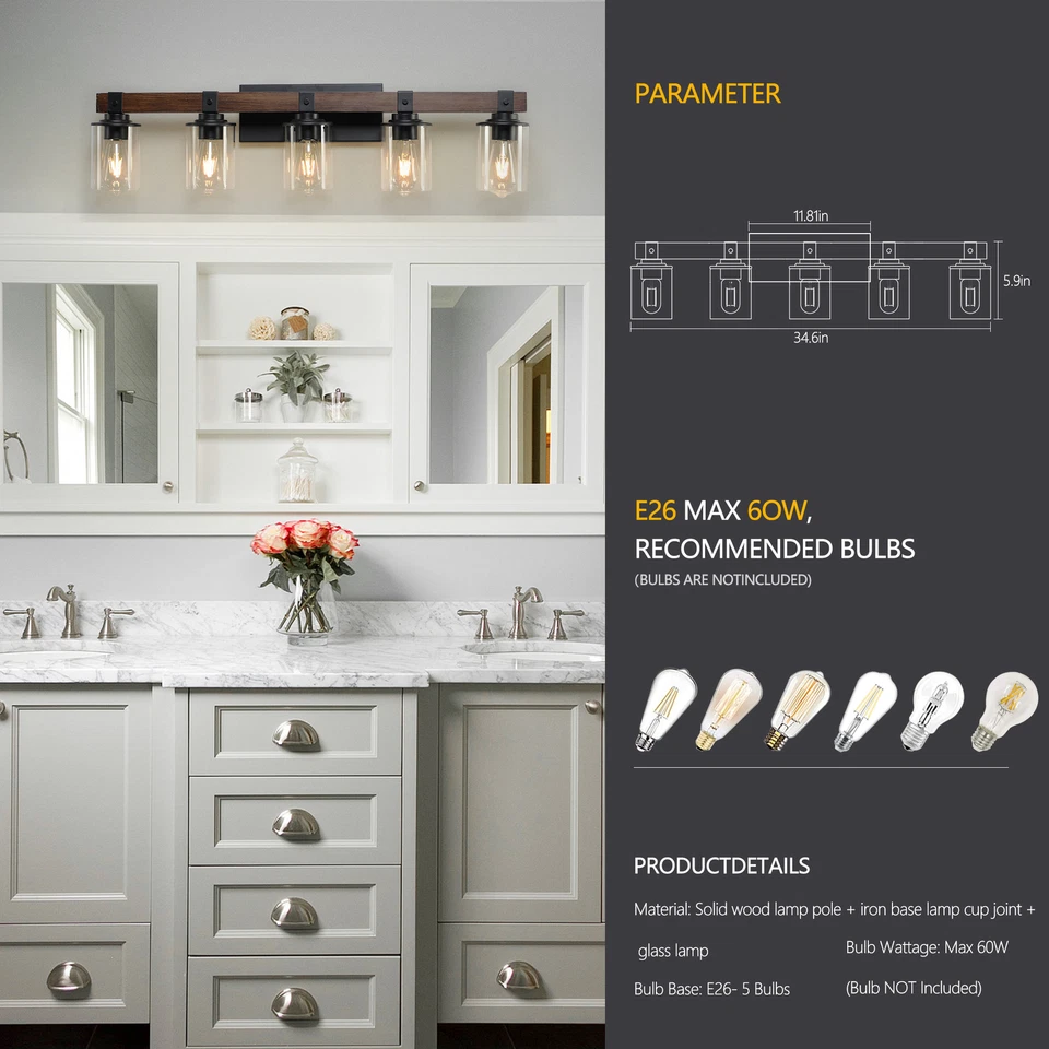 Luminária de parede 5 luzes 35"" madeira fazenda preta para banheiro espelho - Imagem 2 de 4