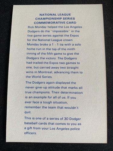 Rare 1982 LAPD Baseball Card Rick Monday World Series Los Angeles Dodgers NmMt - Picture 3 of 4