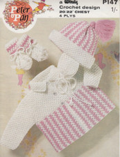 VINTAGE PETER PAN CROCHET PATTERN 147~BABY'S COAT~HELMET~MITTENS~20"-22" CHEST.