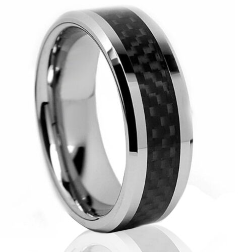 🔥 Titanium Mens Rings Black Carbon Fiber Ring Mens Wedding Bands Silver Rings - Picture 4 of 5