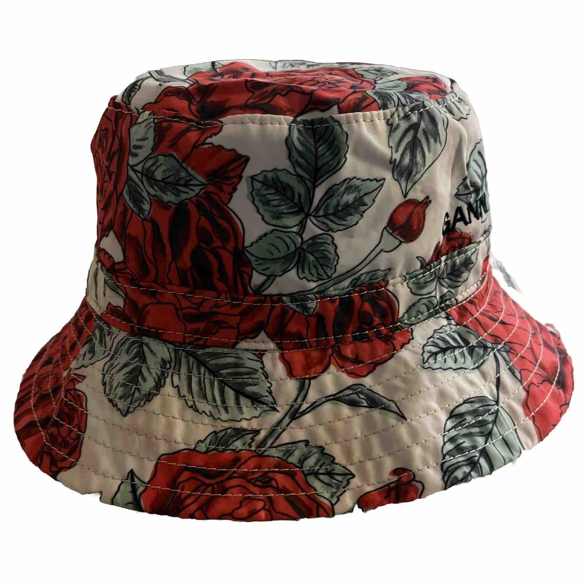 NEW GANNI Designer Bucket Hat Red White Black Roses XS Small  display picture 1