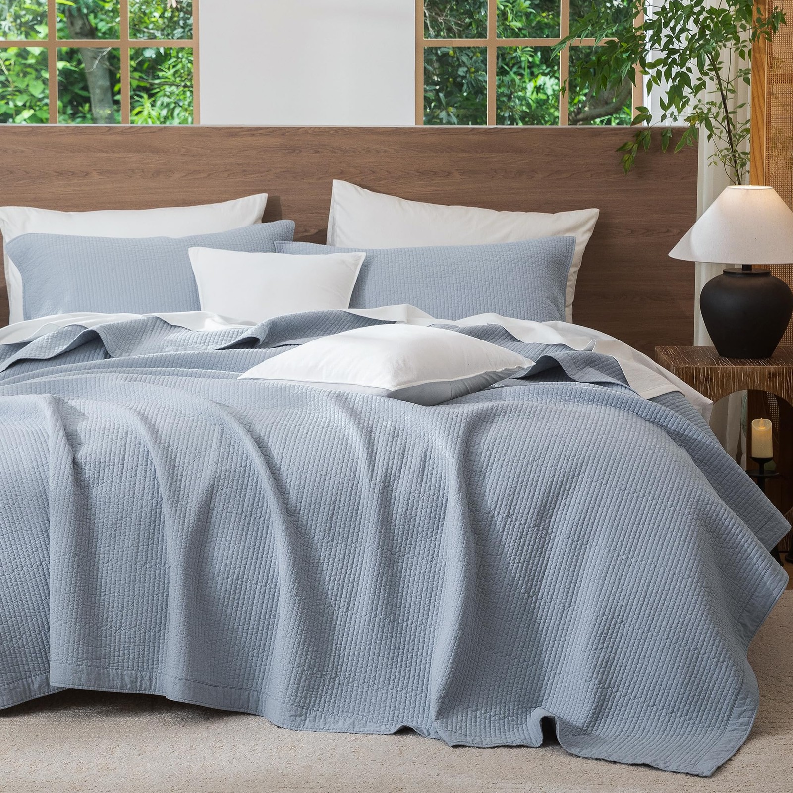 Stripe Stitch Quilt Set 100% Washed Cotton Coverlet Bedspread Linen Like with...