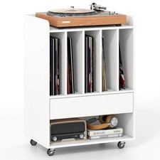 Record Player Stand w/ Drawer  Record Holder,Lockable Wheels for Living Room