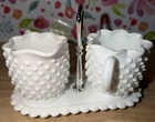 Vintage Fenton Hobnail Milk Glass Sugar Bowl and Creamer Set With Tray