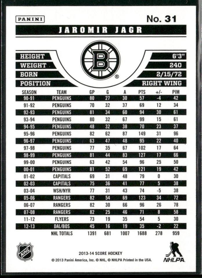 2013-14 Score Jaromir Jagr #31 Boston Bruins - Image 2 of 2