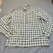 Simms Insect Shield Plaid Fishing Shirt Large Beige Green Long Sleeve Vented