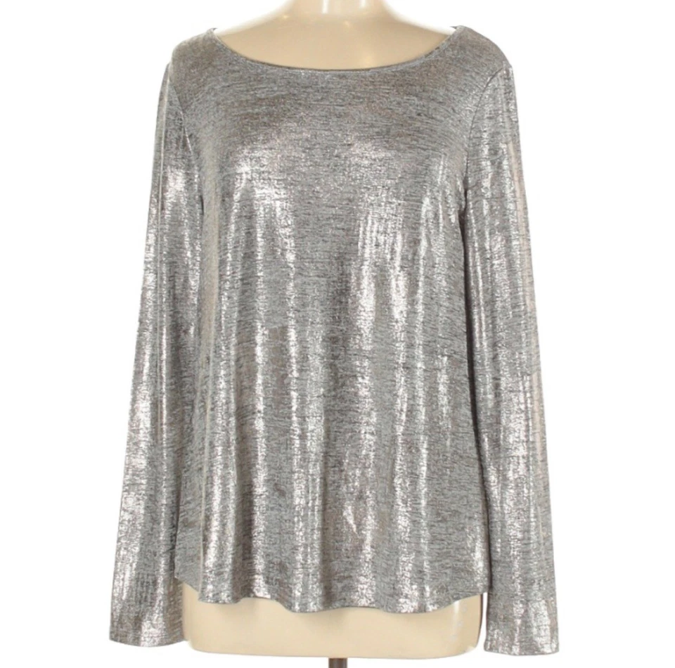 Lilla P Top Metallic Silver Sheen Gray Shirt Long Sleeve Round Neck Size Medium - Image 1 of 4