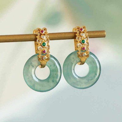Type A Icy Blue Jadeite Donut Earrings, Natural Blue Water Jadeite Drop Earrings