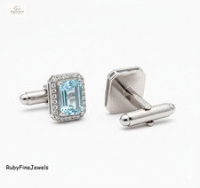 925 Sterling Silver Blue Topaz Halo Cufflinks for Men Emerald Cut Luxury Gifts
