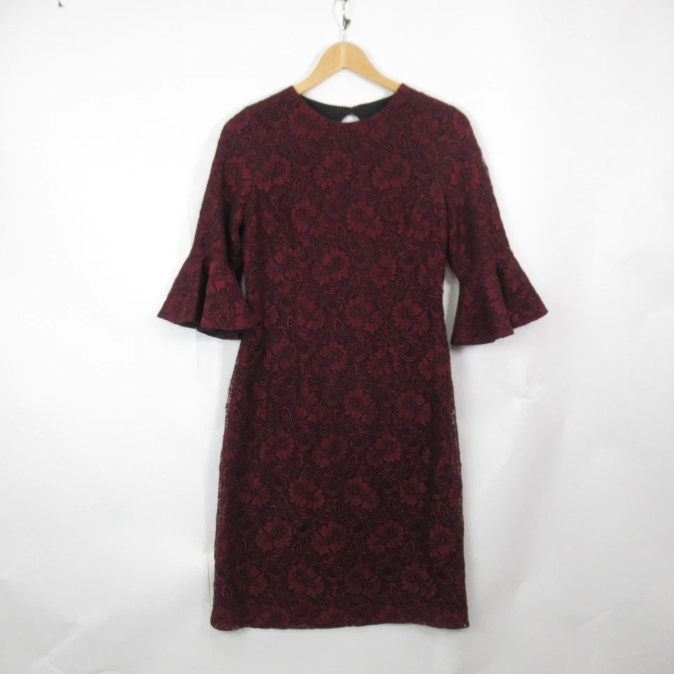 Coast Allurea Lace Dress Ladies UK 12 Red Merlot Flare Sleeves Wedding Open Back