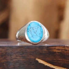 Tibetan Turquoise 925 Sterling Silver Ring, Mens Gemstone Signet Ring For Father