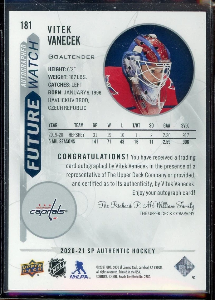 2020-21 SP Authentic Future Watch Inscriptions #181 Vitek Vanecek 25/50 - Image 2 of 2