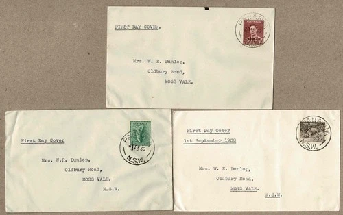 Australia 1938 Plain Koala Platypus KGVI Red Brown FDC Cover x3 postmark Panania