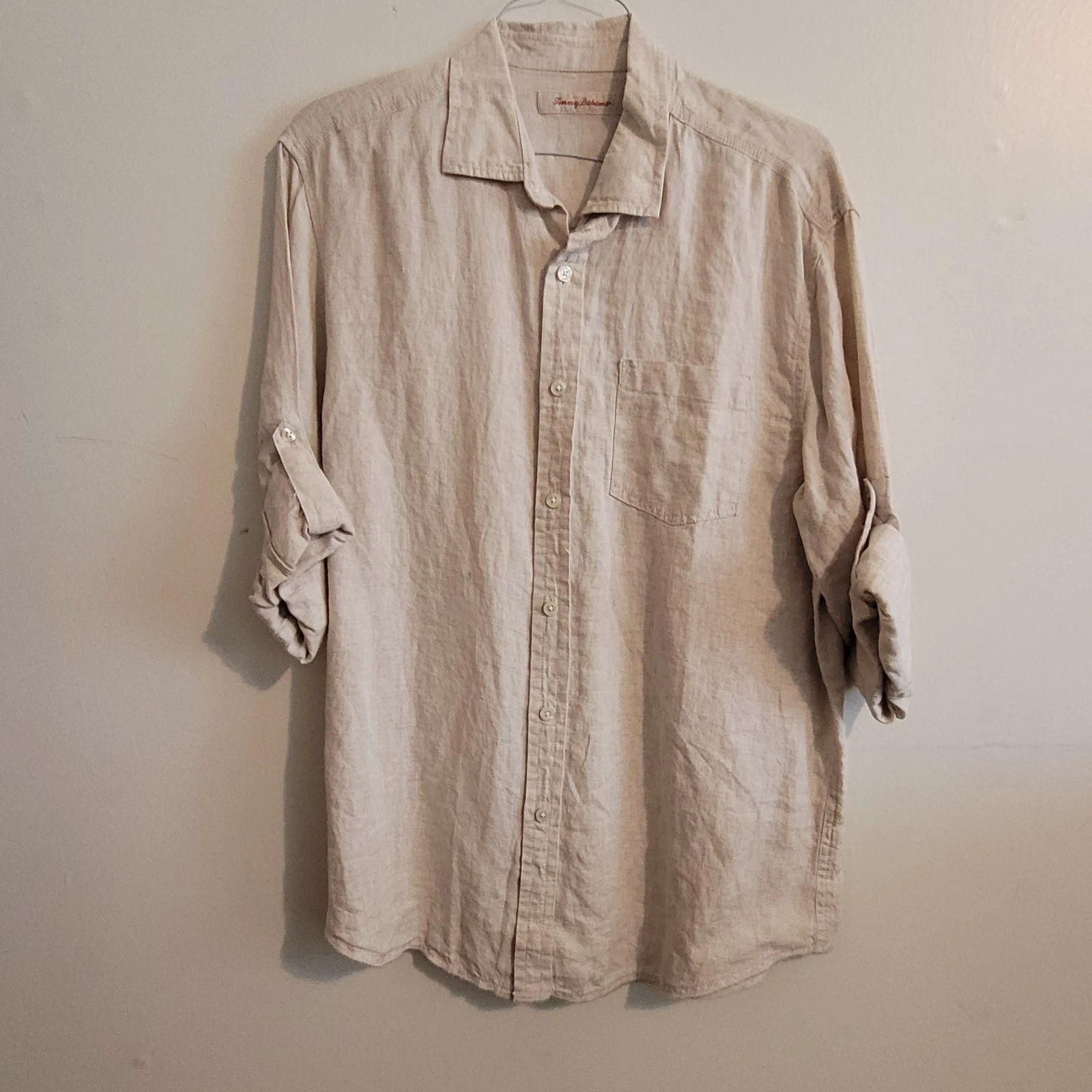 Tommy Bahama Men Linen Shirt Size L Natural Color Rollup Long Sleeve Button Down